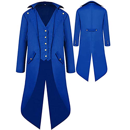 BITSEACOCO Mens Gothic Medieval Tailcoat Jacket, Steampunk Vintage Victorian Frock High Collar Coat (L,Blue)