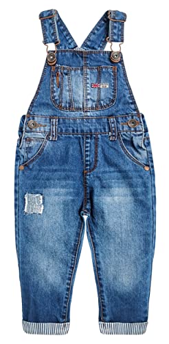 KIDSCOOL SPACE Baby&Little Boys Girls Big Bib Pocket Patched Washed Cotton Denim Overalls,Blue,4-5 Years