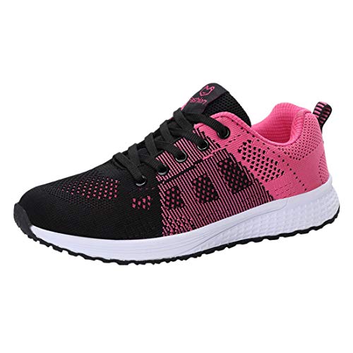 Women Lace-Up Running Shoes Student Leisure Flying Weaving Breathable Non-Slip Sneakers College Style (Pink, 6.5-Women-US)