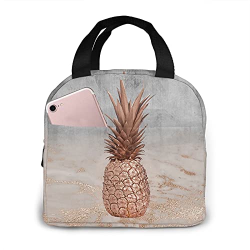 Rose Gold Marble Pineapple Lunch Box Pink Golden Cute Lunch Tote Bags Modern Girl Insulated Lunchboxes Sandwich Cooler Container Ice Pack Kit Boxes Lunchbox for Women Teen Girls