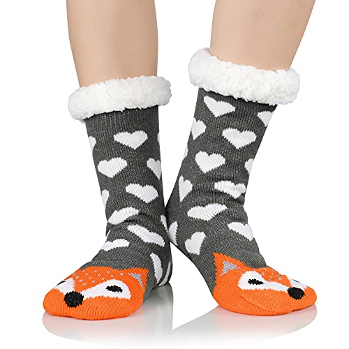 Zando Womens Winter Cozy Socks Animal Fuzzy Slipper Socks with Grippers Winter Super Soft Warm Fleece Lined Socks Non Slip Comfy Fluffy Socks Sleeping Cabin Socks Slippers B Orange Fox