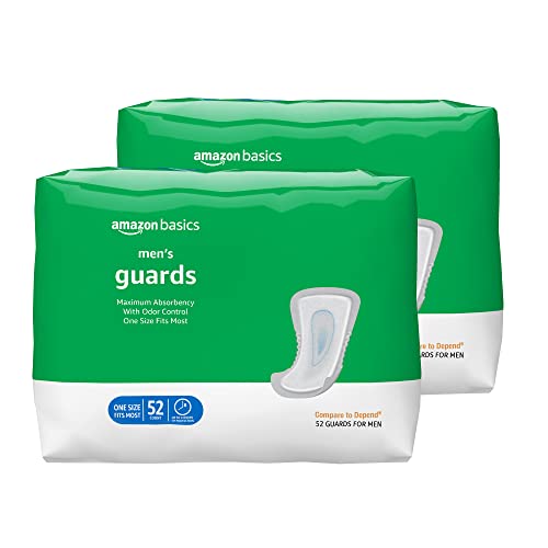 Amazon Basics Incontinence Guards for Men, Maximum Absorbency, 104 Count, 2 Packs of 52, White (Previously Solimo)