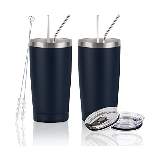 2 Pack Travel Tumblers, 20 Oz Stainless Steel Tumblers with Lids Straws, Vacuum Insulated Tumblers, Double Wall Travel Tumblers, Powder Coated Insulated Coffee Cup for Hot and Cold Drinks, Navy Blue