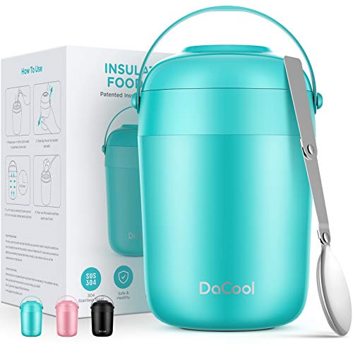 DaCool Insulated Lunch Container with Handle Spoon Kids Food Thermos for Hot Food Insulated Food Jar 16.1 oz Vacuum Stainless Steel Girl Boy Lunch Box Leakproof for School Office Picnic Cyan-Blue
