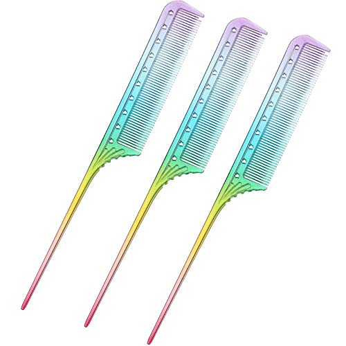 3 Pieces Rainbow Color Rat Tail Comb Pintail Comb Salon Hairdressing Styling Comb Fiber Heat Resistant Teasing Comb for Back Combing, Root Teasing, Adding Volume, Evening Styling