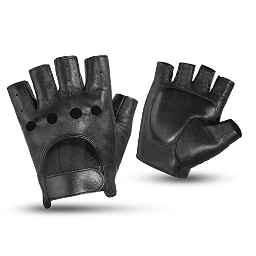 KEMIMOTO Driving Fingerless Gloves Motorcycle Driver Gloves Sheepskin Leather for Men, Black, Large