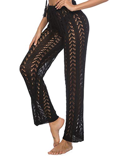 Kistore Women's Wide Leg Crochet Pants with Drawstring Tie Up Casual Black Pants Cover Up