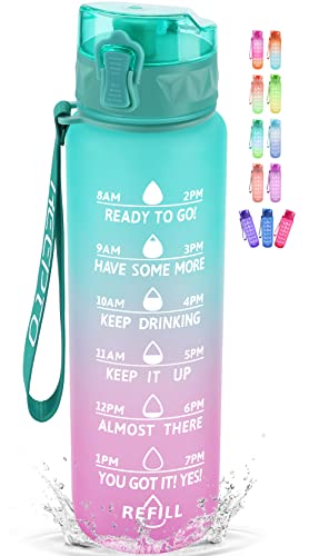 KEEPTO Motivational 32 oz Water Bottle with Straw,BPA Free Water Jugs for Drinking,Turquoise/Violet Ombre