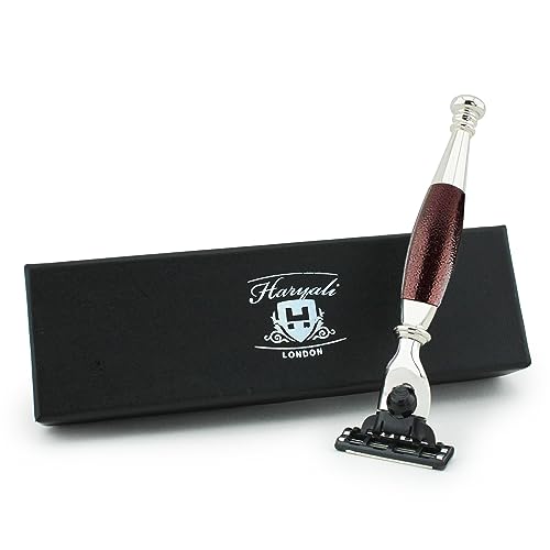 Haryali London 3 Edge Shaving Razor With Hand Assembled Maroon Antique Handle Beard and Mustache Safety Razor For Mens With Leather Pouch