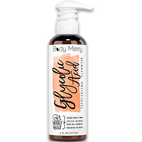 Body Merry Glycolic Acid Exfoliating Facial Cleanser – Anti-Aging Face Wash with Jojoba Beads – Cruelty Free Skin Brightening Pore Scrub for Men and Women, 6 fl oz