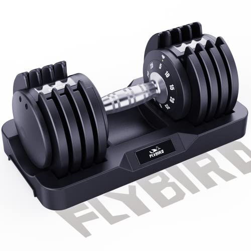 FLYBIRD Adjustable Dumbbell,25/55lb Single Dumbbell for Men and Women with Anti-Slip Metal Handle,Fast Adjust Weight by Turning Handle,Black Dumbbell with Tray Suitable for Full Body Workout Fitness