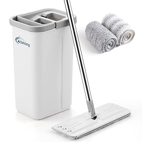 oshang Flat Floor Mop and Bucket Set OG3, Hands Free Home Floor Cleaning System, 60' Long Stainless-Steel Handle, 2 Washable & Reusable Microfiber Mop Heads, Perfect Home Wall Window Kitchen Cleaning