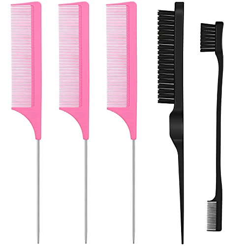 5 Pieces Rat Tail Comb with Stainless Steel Long Tail Soft Glossy Teasing Brush Gentle Edge Brush Beauty Salon Daily Use Styling Tools for Men and Women Home Hair Salon Use (Black, Pink)