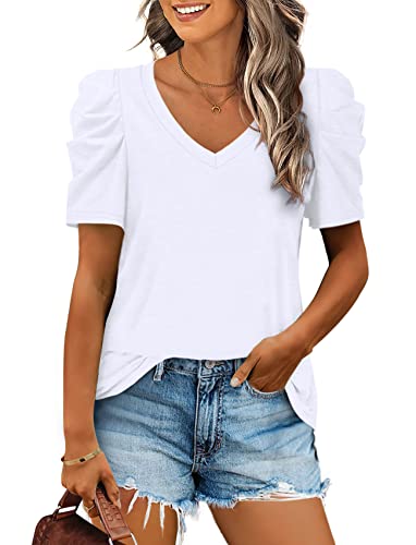 White V Neck Tshirt for Women Puff Sleeve Tops for Women Summer Tops Casual Comfy M