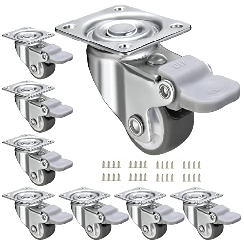 8 Pack 1' Caster Wheels for Furniture, Low Profile Furniture Casters with Brake, Swivel Locking Casters with Top Plate, Small Rubber Castor Wheels Protect Wood Floor, with 32pcs Screws