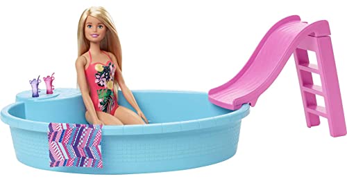 ​Barbie Doll, 11.5-Inch Blonde, and Pool Playset with Slide and Accessories, Gift for 3 to 7 Year Olds