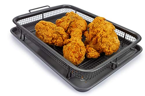 EaZy MealZ Crisping Basket & Tray Set | Air Fry Crisper Basket | Tray & Grease Catcher | Even Cooking | Non-Stick | Healthy Cooking (9.5' x 13', Gray)