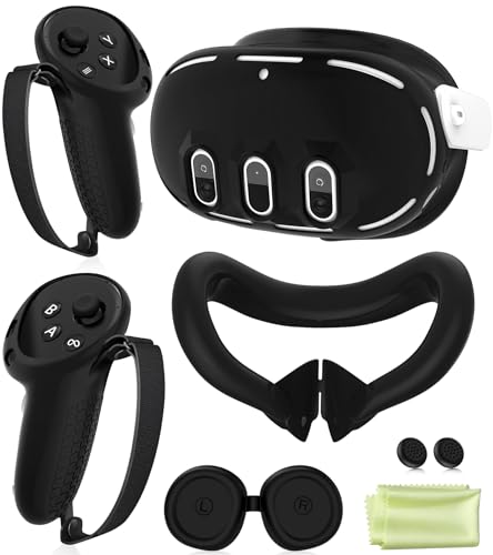 Silicone Cover Set Compatible with Oculus/Meta Quest 3, VR Accessories Protective Cover Includes Controller Grips, Front Shell Headset Cover and Face Cover (Black)