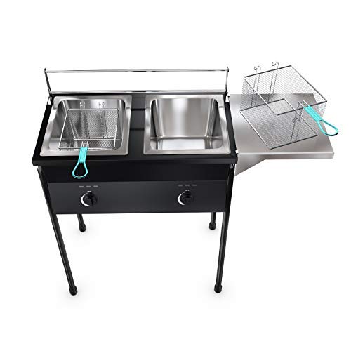 Bioexcel Taco Cart Two Tank Outdoor Deep Fryer-Compatible with Propane Gas Tanks-Regulating Nobs-Propane Deep Fryer with two Baskets & Stainless Steel Oil Tank