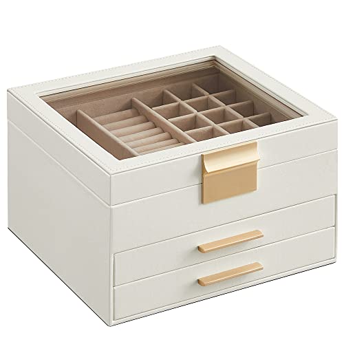 SONGMICS Jewelry Box with Glass Lid, 3-Layer Jewelry Organizer, 2 Drawers, Jewelry Storage, Plenty of Storage Space, Modern Style, Gift for Loved Ones, Cloud White and Gold Color UJBC239WT