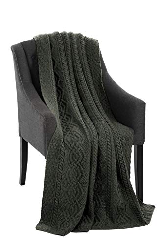 SAOL Cable Knit Aran Throw Irish Blanket 100% Merino Wool 69' x 44' (175 x 112 cm) (Army Green)