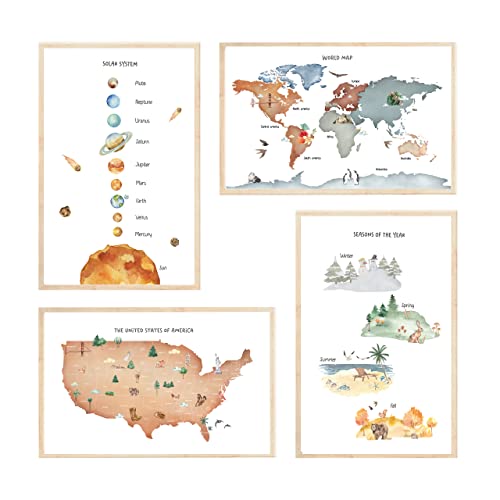 Educational Posters for Toddlers 11x17 inches - Preschool Posters - Worldmap, Solar System Poster, Seasons Chart, USA Map - Nursery Wall Decor - Set of 4 Learning Classroom Posters for Home Kindergarten