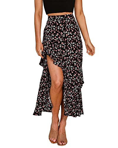BTFBM Women 2023 Summer Spring Boho Long Skirts Dress Floral Print Elastic Waist Split Ruffle High Low Beach Maxi Skirt(Z-Black, Large)