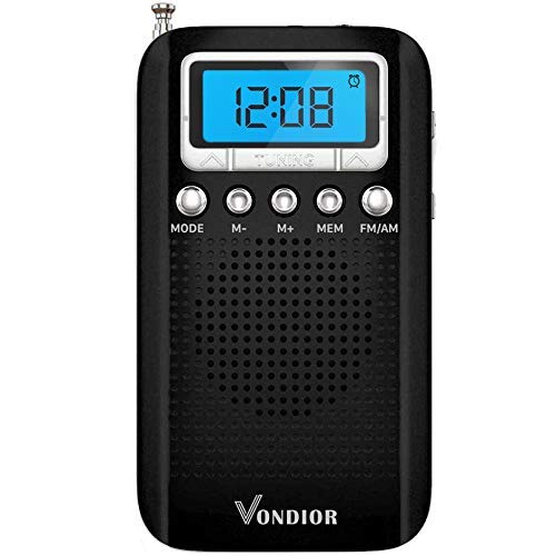 Digital AM FM Portable Pocket Radio with Alarm Clock- Best Reception and Longest Lasting. AM FM Compact Radio Player Operated by 2 AAA Battery, Stereo Headphone Socket (Black), by Vondior