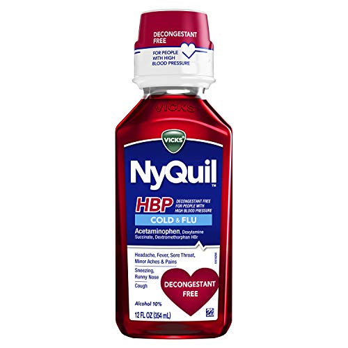 Vicks NyQuil, Cough, Cold & Flu Relief for High Blood Pressure, Sore Throat, Fever, and Cough Relief, Decongestant Free, 12 FL OZ