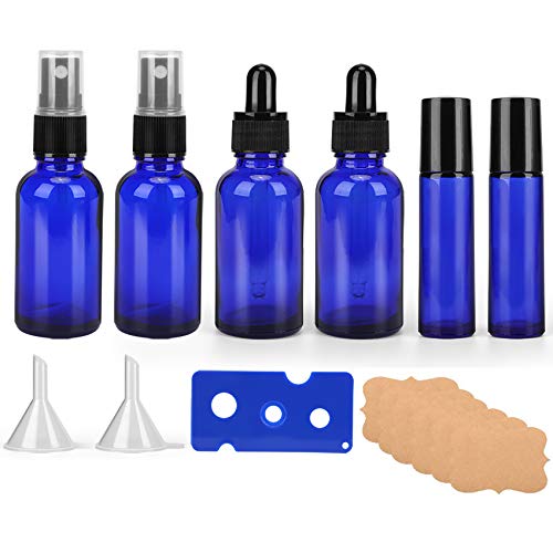 6 Pack Refillable Glass Bottles Kits, Blue Glass Spray Bottles with Fine Mist Sprayer & Dust Cap, Glass Roller Bottles,Glass Bottles with Glass Eye Droppers for for Essential Oils