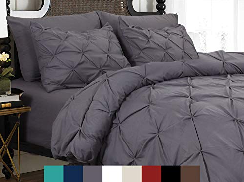 Elegant Comfort 3 Piece Pinch-Pleated Button Closure, Wrinkle-Resistant Ultra-Soft Microfiber Duvet Cover Set, Luxurious Pintuck Décor, King/California King, Kitty Gray