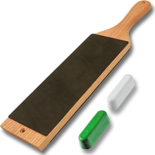 LAVODA Leather Strop Paddle for Knife Sharpening with Polishing Compound 3' by 15' Large Double Sided Stropping Kit -Knife Strop Stropping Block and Stropping Compound for Honing Woodworking