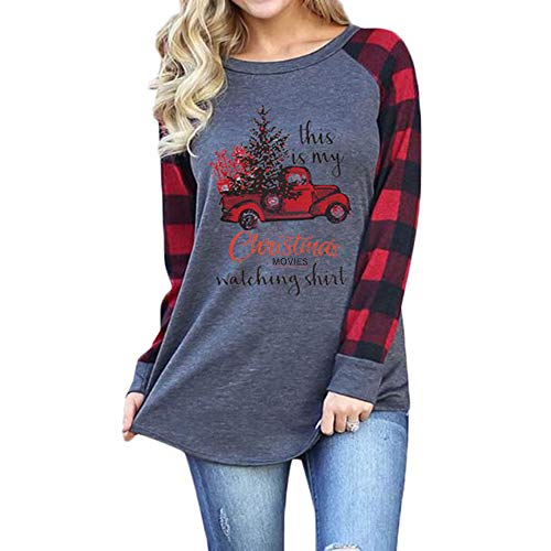 Merry Christmas Truck Red Tree Graphic Cute Shirt Women's Plaid Splicing Long Sleeve Raglan Tees Baseball Tops(4094-Red Truck M)