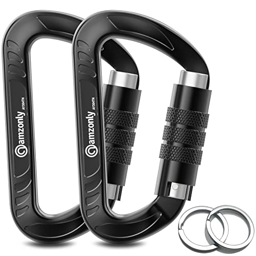Amzonly 3' Auto Locking Carabiner Clips Heavy Duty, 12KN /2697lbs Lightweight (1.0oz), Sturdy Twist Lock Caribeeners for Camping Hiking Hammock Swing Backpack, dog leash and Harness etc, Black, 2 Pack