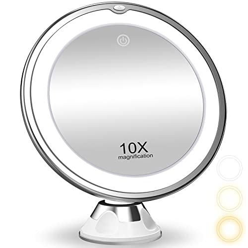 WRSNGH 10X Magnifying Makeup Mirror with Lights, 3 Color Lighting, Bathroom Shower Mirror with Suction Cup, Intelligent Switch, 360 Degree Rotation, Portable for Detailed Makeup, Close Skincare