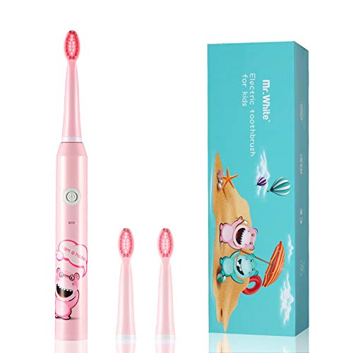 Mr.White Kids Electric Toothbrush Sonic Toothbrush 3 Modes IPX7 Waterproof USB Rechargeable with 6 Replacement Heads for Age 3+ Pink