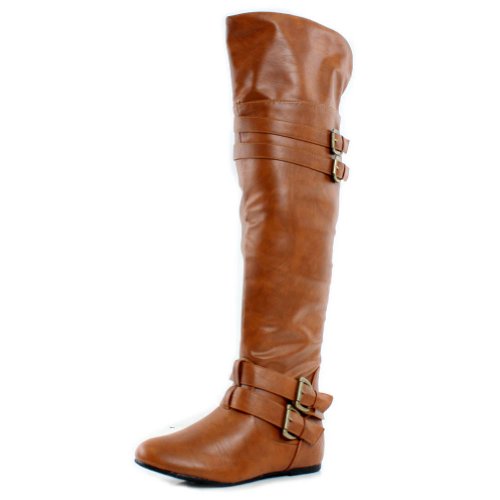 West Blvd Womens Kinhasa Thigh High Boots Over The Knee Motorcycle Biker Riding Flat Heels Shoes,Tan,5.5