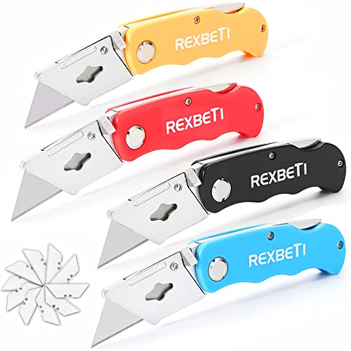 REXBETI 4-Pack Folding Utility Knife Quick-change SK5 Box Cutter for Cartons, Cardboard and Boxes, Back-lock Mechanism with 10 Extra Blades