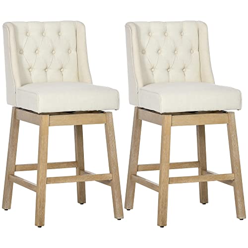 HOMCOM Bar Height Bar Stools Set of 2, 180 Degree Swivel Kitchen Island Stool, 30' Seat Height with Solid Wood Footrests and Button Tufted Design, Beige