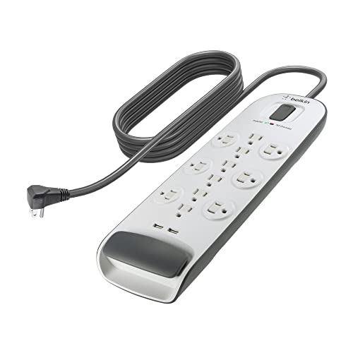 Belkin USB Power Strip Surge Protector - 12 AC Multiple Outlets & 2 USB Ports - 6 ft Long Flat Plug Extension Cord for Home, Office, Travel, Computer Desktop & Charging Brick - White (3,996 Joules)