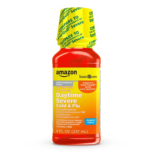 Amazon Basic Care Severe Daytime Cold & Flu, Maximum Strength Liquid Cold Medicine; Relieves Aches, Pain, Fever, Cough, Nasal Congestion, Sore Throat, Chest Congestion, 8 Fluid Ounces