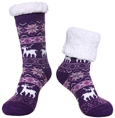 SDBING Women's Slipper Socks with Grippers Soft Cozy Fleece Lined Socks Winter Warm Fuzzy Non Slip Socks for Women (Purple)