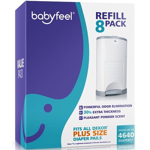Babyfeel Refills Compatible with DEKOR PLUS Diaper Pails | 8 Pack | Exclusive 30% Extra Thickness | Diaper Pail Refills with Powerful Odor Elimination | Fresh Powder Scent | Holds up to 4640 Diapers