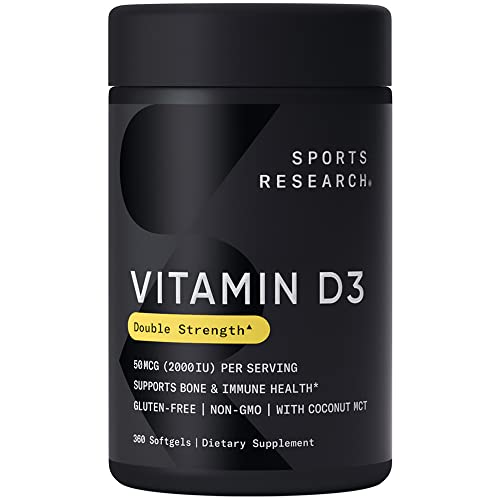 Sports Research Vitamin D3 2000 IU with Coconut MCT Oil - High Potency Vitamin D Supplement for Immune & Bone Support - Non-GMO Verified, Gluten & Soy Free – 50mcg, 360 Liquid Softgels