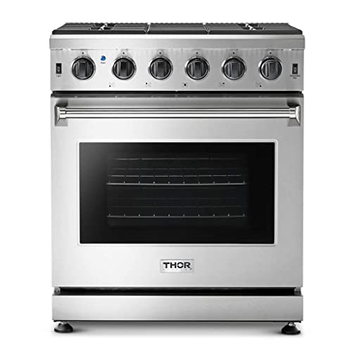 Thor Kitchen 30' Freestanding Pro-Style Gas Range with 4.55 cu.ft. Convection Oven in Stainless Steel, 5 Burners,Cast Iron Reversible Griddle/Grill - LRG3001U