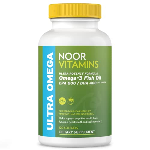 Noor Vitamins Halal Fish Oil, Halal Vitamins, Fish Oil Halal, Ultra Omega 3 Wild Peruvian Fish Oil (800 mg EPA & 400 mg DHA) Heart, Brain & Joint Support, Non-GMO & Gluten Free (120 count)