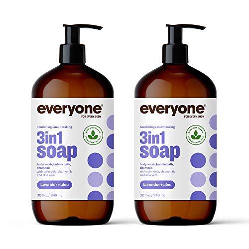 Everyone 3-in-1 Soap, Body Wash, Bubble Bath, Shampoo, 32 Ounce (Pack of 2), Lavender and Aloe, Coconut Cleanser with Plant Extracts and Pure Essential Oils