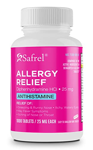 Safrel Allergy Relief Medication Diphenhydramine HCl Caplets 25 mg (1000 Count), Antihistamine Relieves Sneezing, Runny Nose, Hay Fever, Itchy Eyes and Throat, Seasonal Indoor & Outdoor Allergy Pills