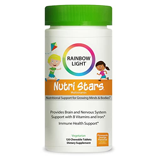 Rainbow Light Multivitamins for Kids, Vitamin B, Zinc & Iron, Prebiotics, Nutri Stars Provides Brain & Nervous System Support, Pineapple Orange, 120 Count (Pack of 1)