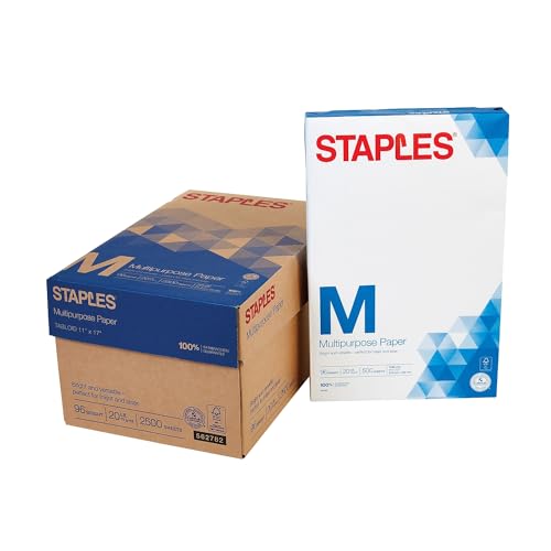 Staples Inkjet Paper – 11” x 17” Multipurpose Paper, 1 Carton of 5 Reams for 2,500 Total Sheets, 20 lbs, 96 Bright Paper – FSC and Rainforest Alliance Certified, Acid-Free